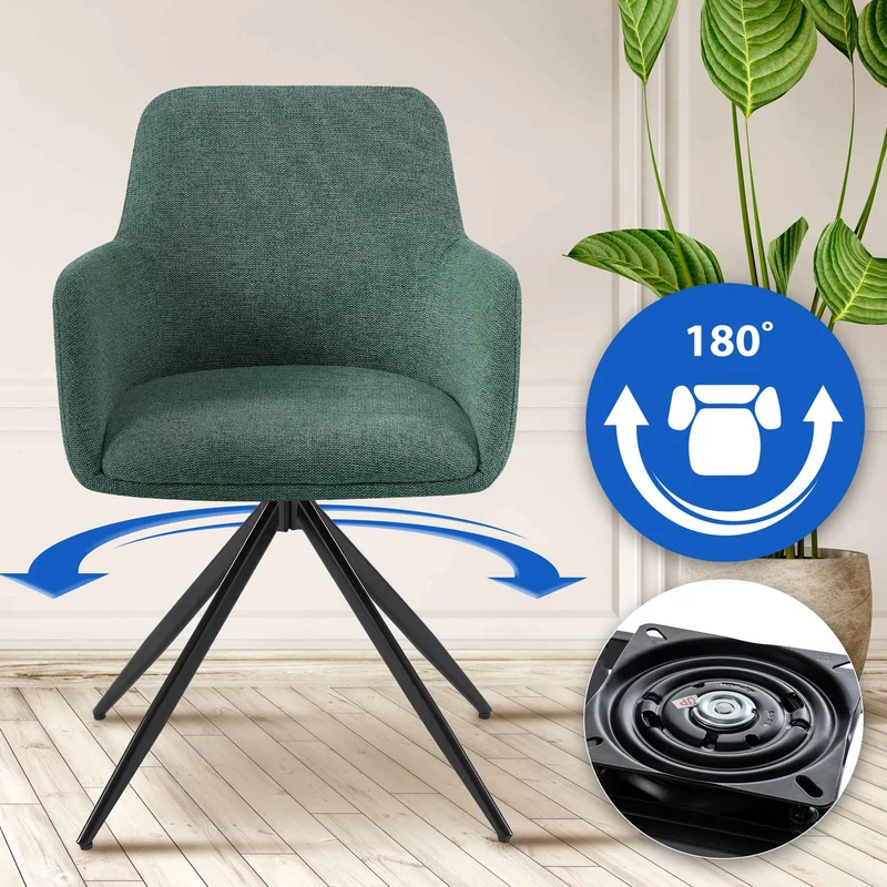 Chaise de salle à manger x1 pivotante rembourrée avec accoudoirs en tissu vert cadre métal 10_0007172