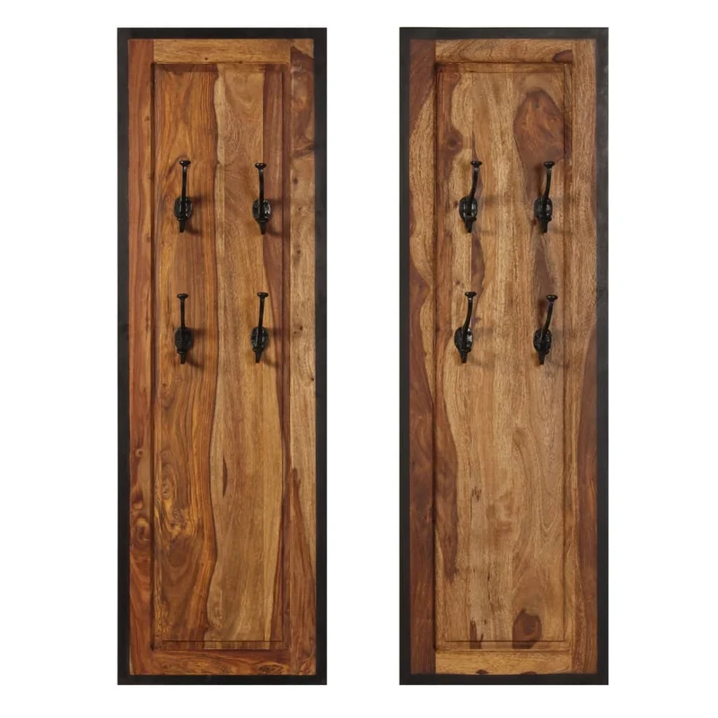 Lot de 2 portemanteaux en bois solide de Sesham 35x110 cm avec 4 crochets par pièce DEC024204