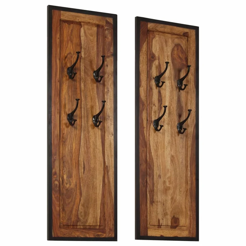 Lot de 2 portemanteaux en bois solide de Sesham 35x110 cm avec 4 crochets par pièce DEC024204