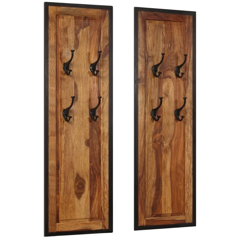 Lot de 2 portemanteaux en bois solide de Sesham 35x110 cm avec 4 crochets par pièce DEC024204