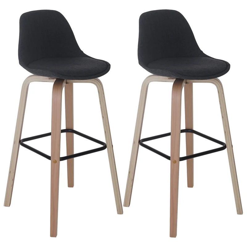 Lot de 2 tabourets de bar avec dossier assise rembourrée pieds en bois de hêtre métal tissu gris foncé 04_0005198