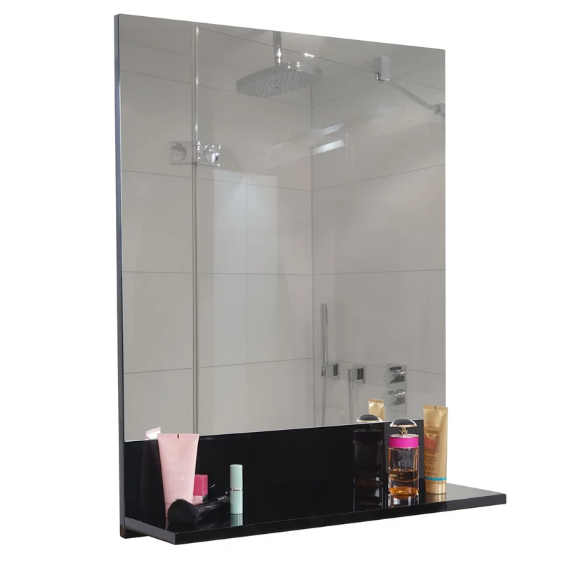 Miroir mural de salle de bain avec étagère 75x60 cm finition brillante rangement intégré contreplaqué noir verre 04_0003698