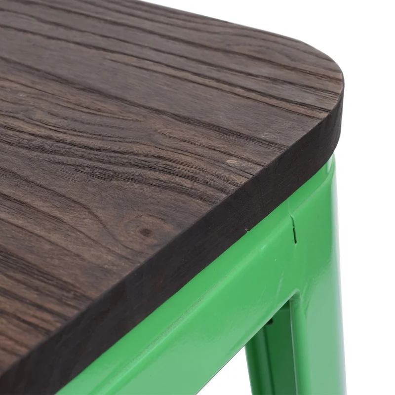 Lot de 4 tabourets de bar empilables style industriel assise en bois d’orme métal vert 04_0005221