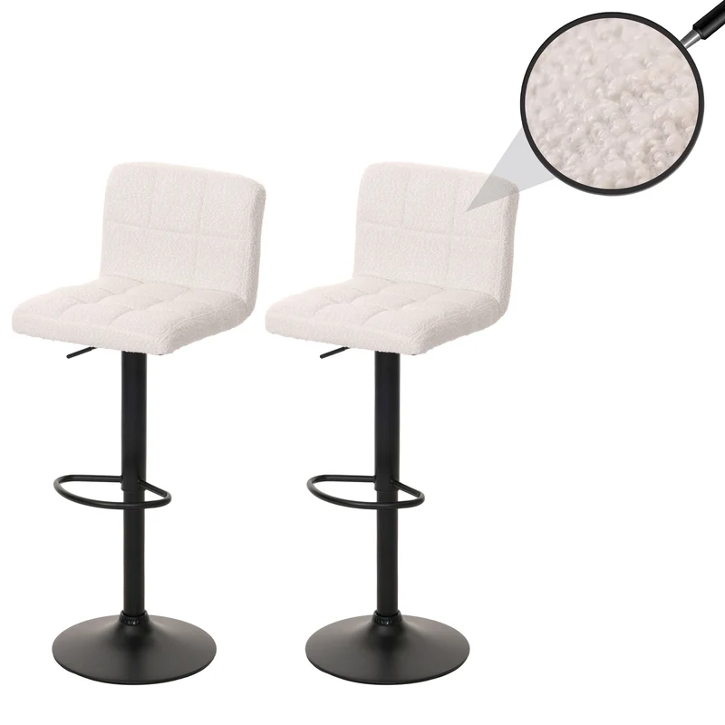 Lot de 2 tabourets de bar réglables pivotants tissu bouclette avec repose pieds acier crème blanc 04_0009958