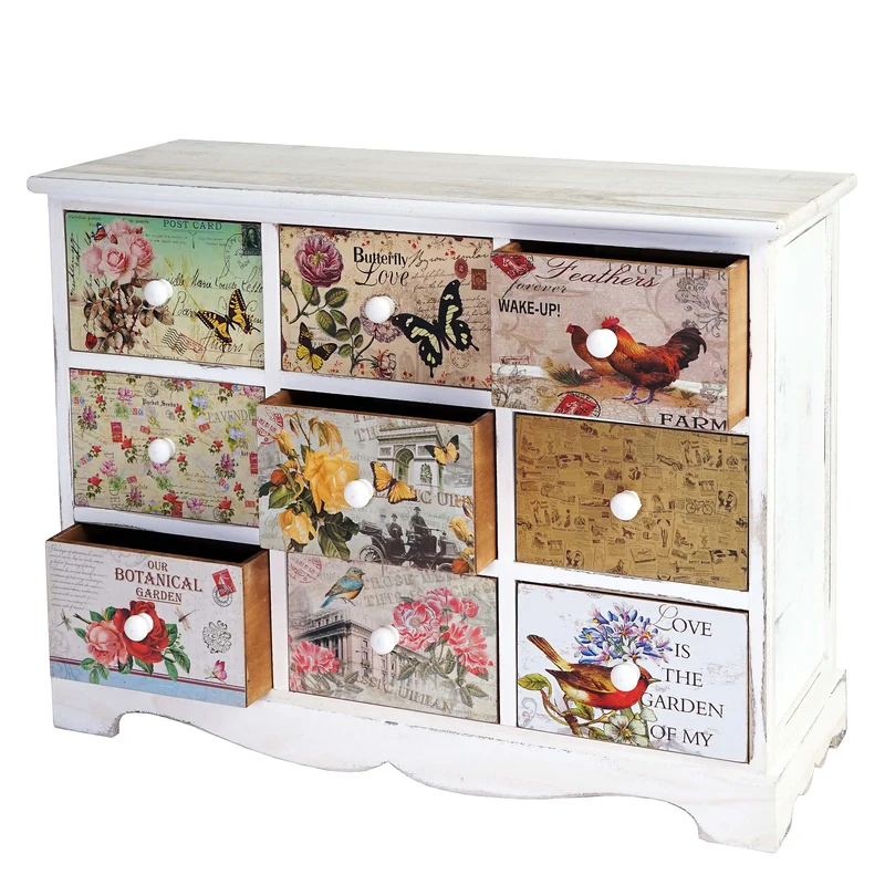Commode vintage 9 tiroirs 79 x 60 x 30 cm décoration shabby chic finition mate en paulownia blanc 04_0011382
