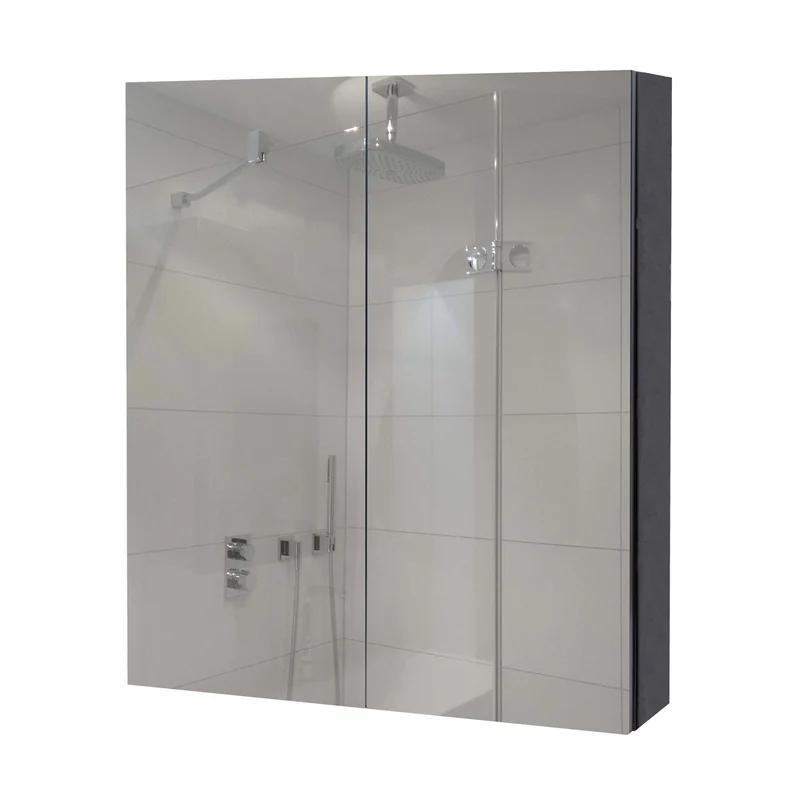 Armoire de salle de bain avec miroir mural 2 étagères réglables finition brillante 70x60x16 cm bois eucalyptus noir verre 04_0005768