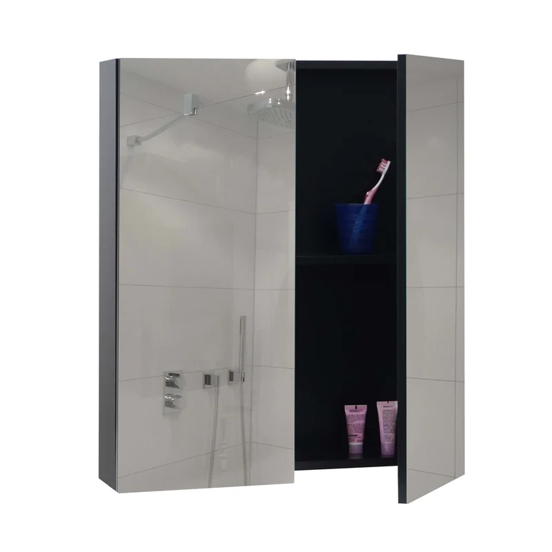 Armoire de salle de bain avec miroir mural 2 étagères réglables finition brillante 70x60x16 cm bois eucalyptus noir verre 04_0005768