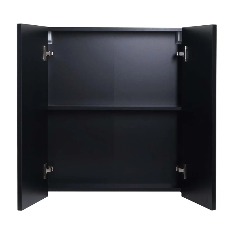 Armoire de salle de bain avec miroir mural 2 étagères réglables finition brillante 70x60x16 cm bois eucalyptus noir verre 04_0005768
