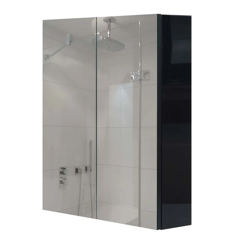 Armoire de salle de bain avec miroir mural 2 étagères réglables finition brillante 70x60x16 cm bois eucalyptus noir verre 04_0005768
