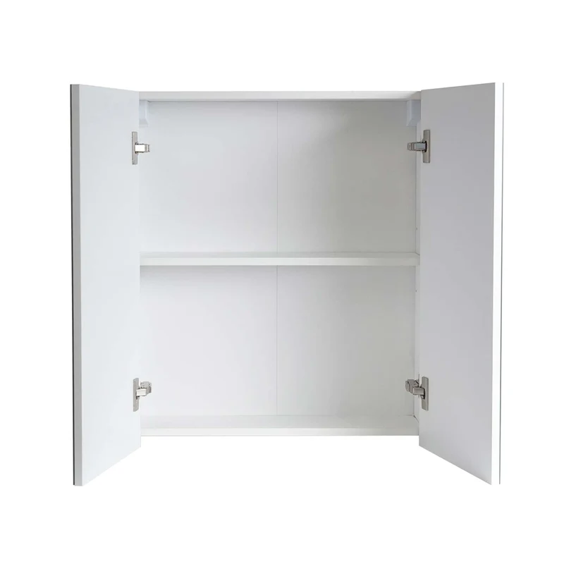 Armoire de salle de bain avec miroir mural 2 étagères réglables finition brillante 70x60x16 cm bois eucalyptus verre blanc 04_0005766