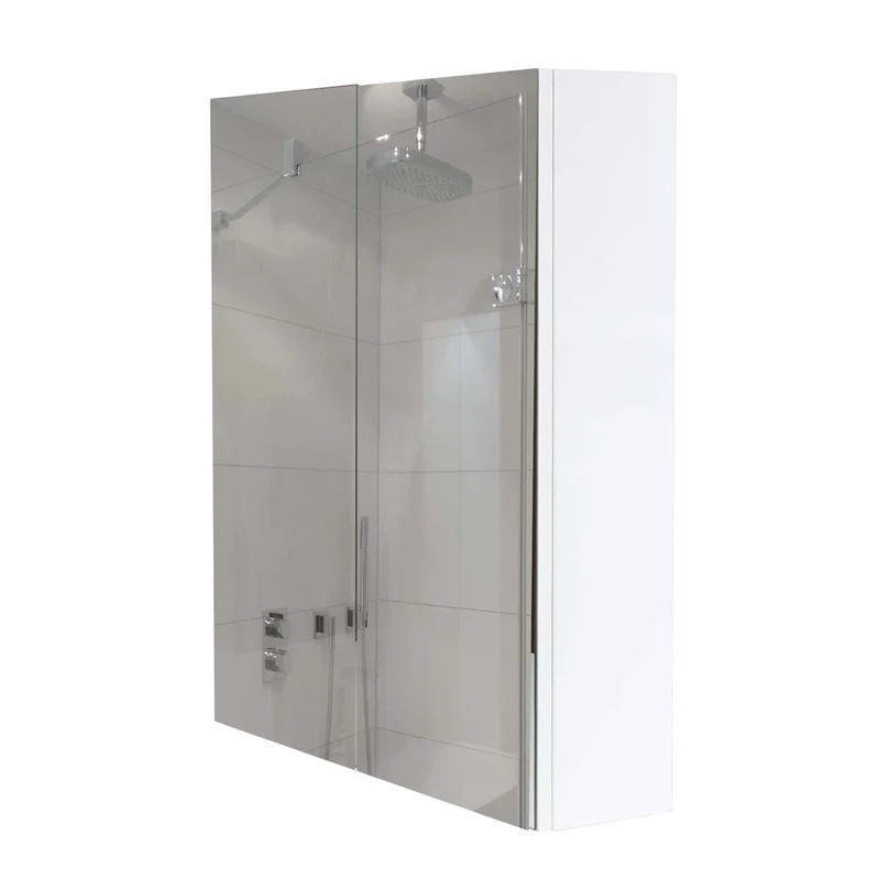 Armoire de salle de bain avec miroir mural 2 étagères réglables finition brillante 70x60x16 cm bois eucalyptus verre blanc 04_0005766
