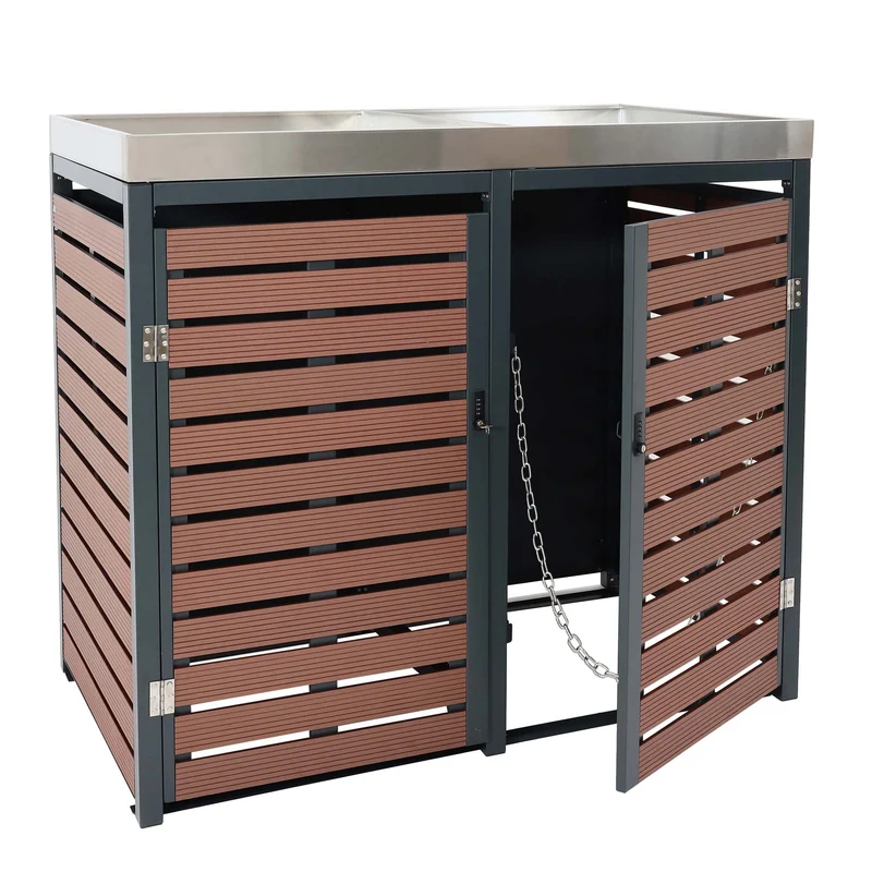 Cache poubelles double avec bac à plantes 124x134x84 cm WPC acier inoxydable acier galvanisé finition bois noyer 04_0005719