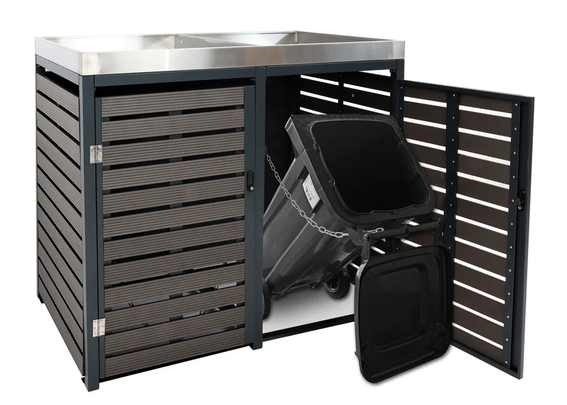 Cache poubelles double avec bac à plantes 124x134x84 cm WPC acier inoxydable acier galvanisé finition bois noyer 04_0005719