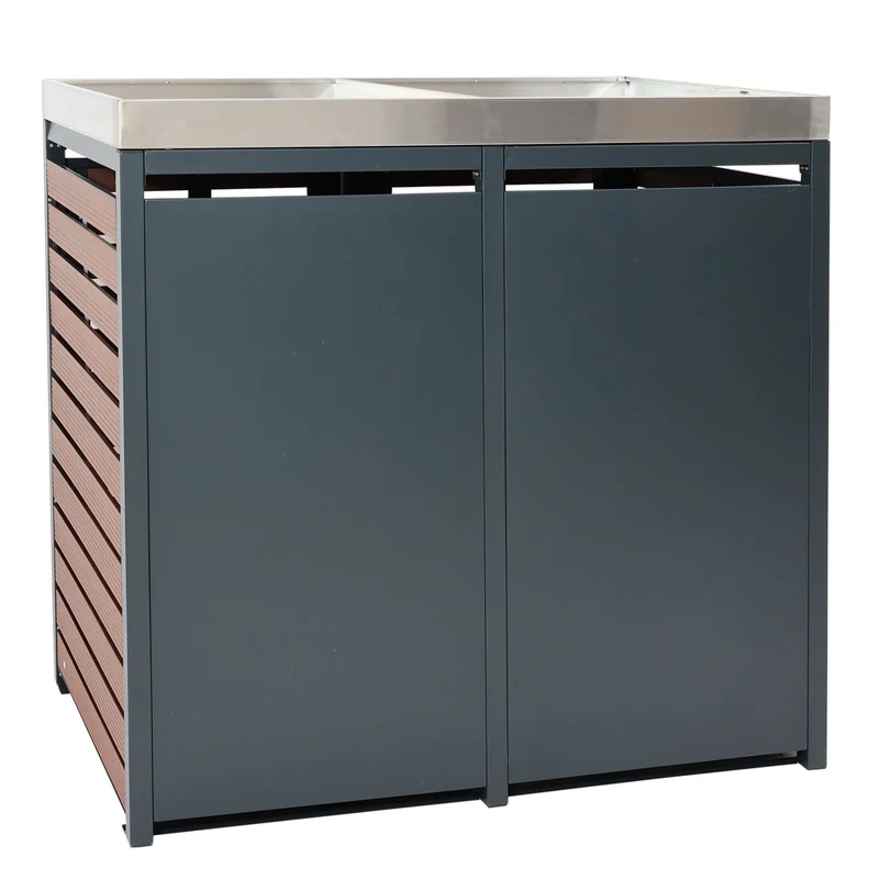 Cache poubelles double avec bac à plantes 124x134x84 cm WPC acier inoxydable acier galvanisé finition bois noyer 04_0005719