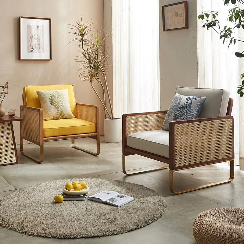 Traditional Japanese Square White Ash Wood Indonesian Rattan Linen-Cotton Blend Fabric Stainless Steel Backrest Armrest Accent Chair For Living Room