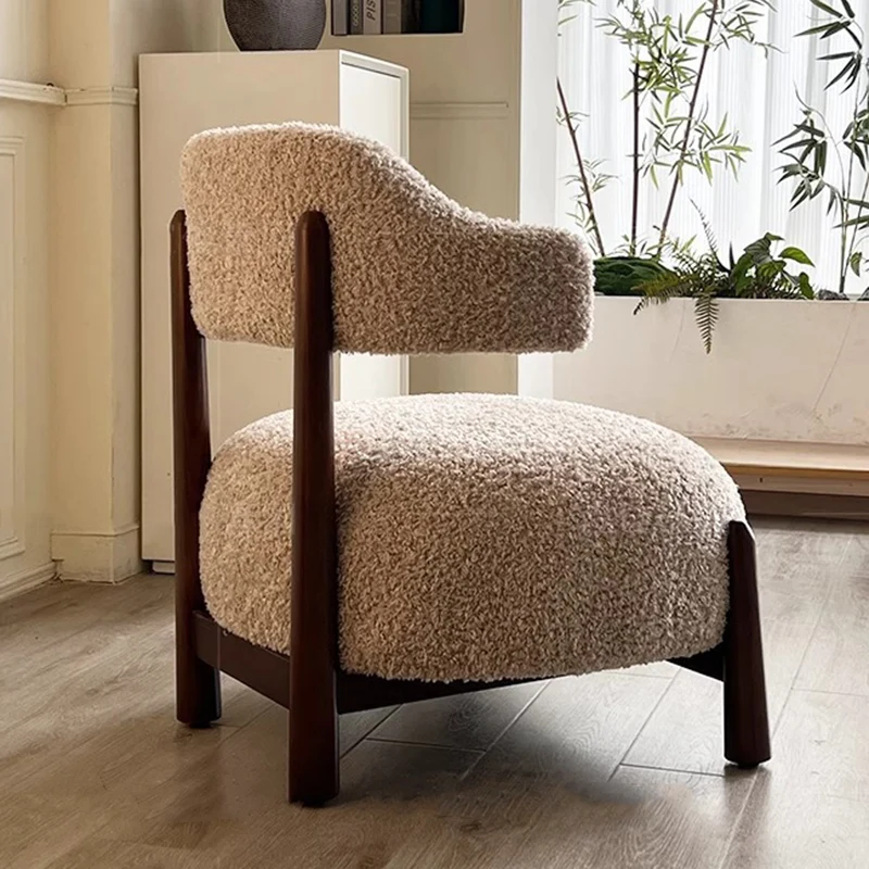 Contemporary Scandinavian Sherpa Fabric Ash Wood Sponge Curved Accent Chair Backrest Armless For Living Room