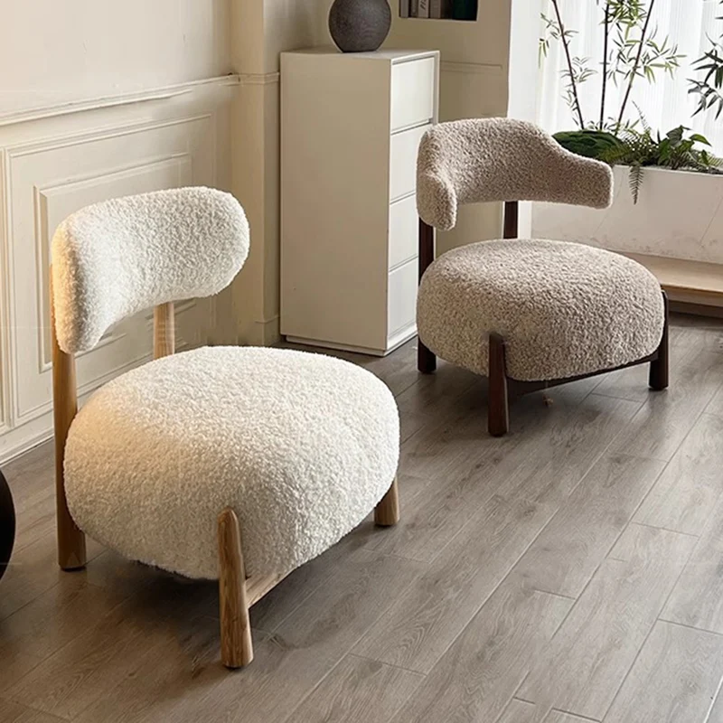 Contemporary Scandinavian Sherpa Fabric Ash Wood Sponge Curved Accent Chair Backrest Armless For Living Room