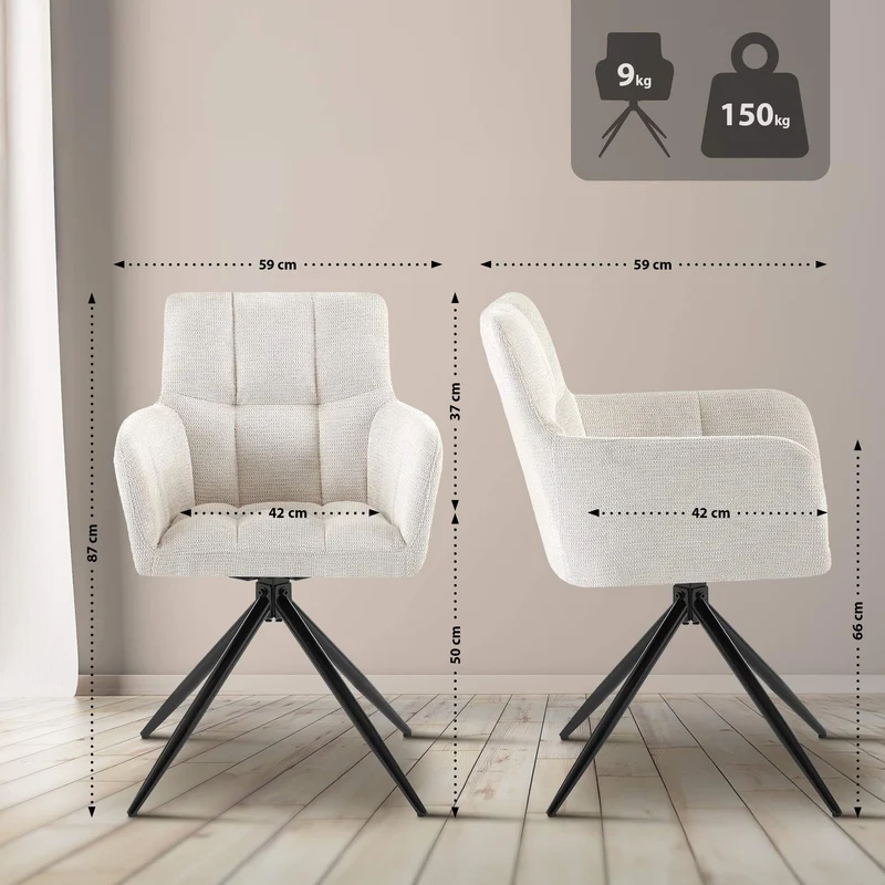 Chaise de salle à manger x1 moderne et confort mécanisme de rotation à 180° en tissu crème et métal 10_0007706