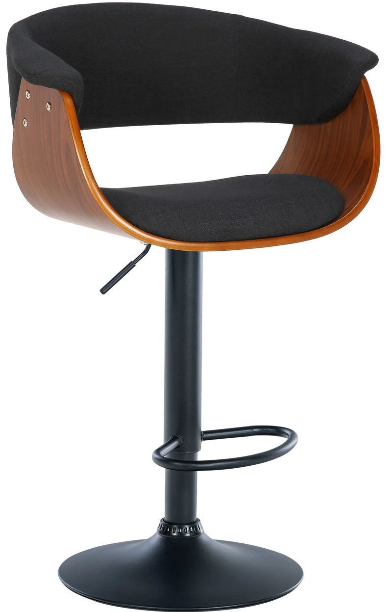 Tabouret de bar design moderne siège réglable en hauteur et pivotant en tissu noir coque en bois noyer et métal noir 10_0005453