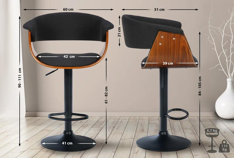 Tabouret de bar design moderne siège réglable en hauteur et pivotant en tissu noir coque en bois noyer et métal noir 10_0005453