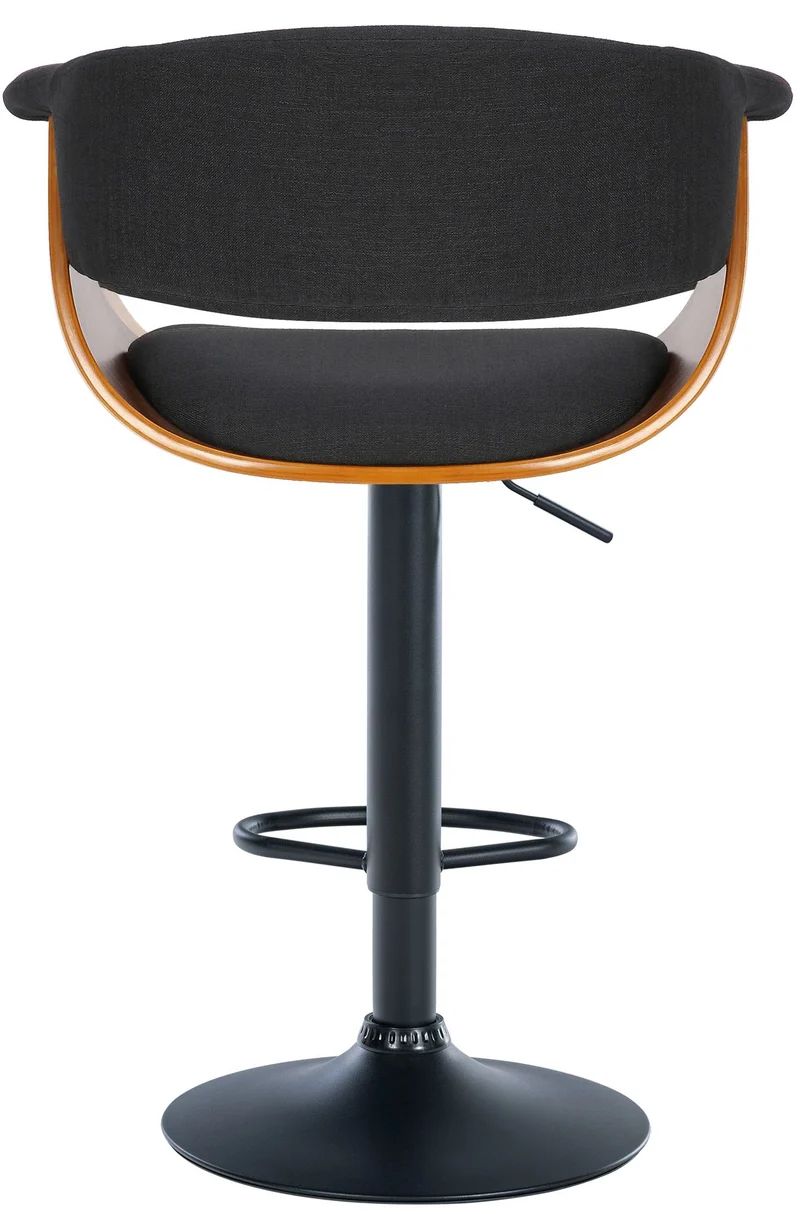 Tabouret de bar design moderne siège réglable en hauteur et pivotant en tissu noir coque en bois noyer et métal noir 10_0005453
