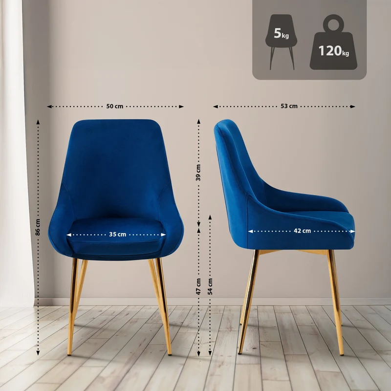 Chaise de salle à manger élégance confort design moderne en velours bleu foncé structure métallique doré 10_0007144
