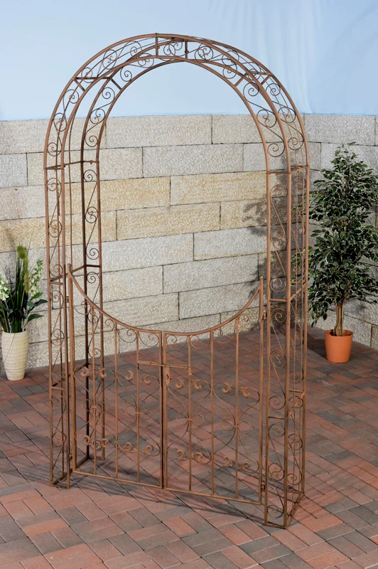 Arche treillis de jardin avec portillon support pour plantes grimpantes métal marron vieilli 10_0003944