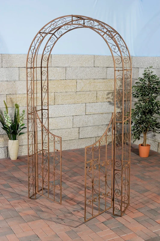 Arche treillis de jardin avec portillon support pour plantes grimpantes métal marron vieilli 10_0003944