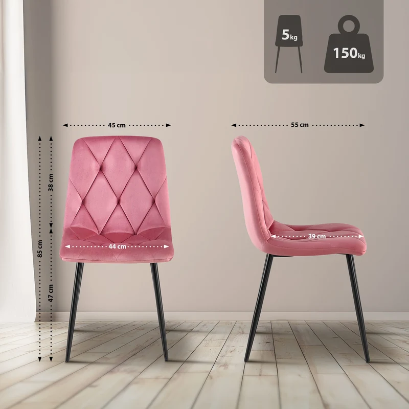 Lot de 2 chaises de salle à manger design moderne surpiqûres en losange velours rose et cadre métal noir 10_0007618