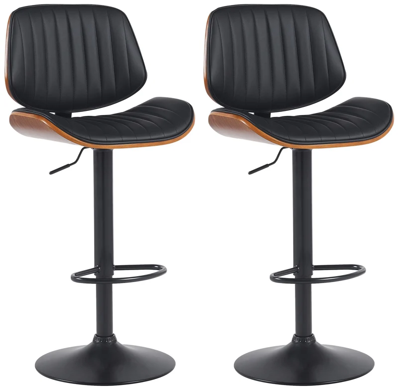 Lot de 2 tabourets de bar style rétro moderne assise en tissu noir bois noyer et cadre métal noir 10_0006821