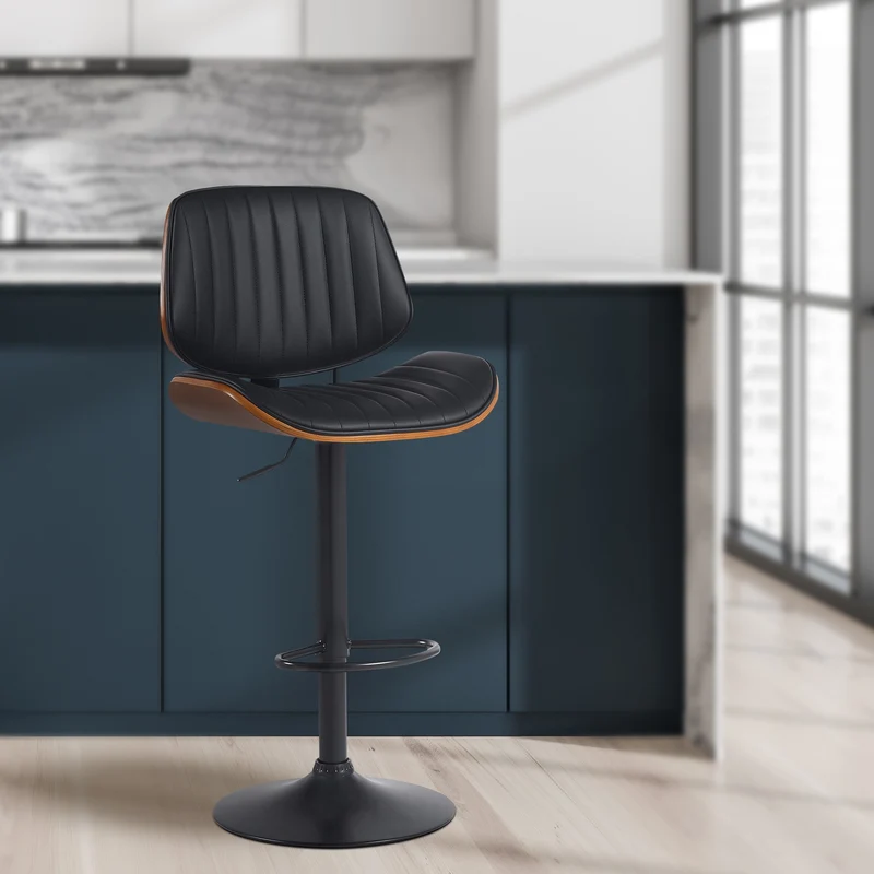 Lot de 2 tabourets de bar style rétro moderne assise en tissu noir bois noyer et cadre métal noir 10_0006821