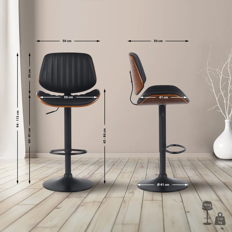 Lot de 2 tabourets de bar style rétro moderne assise en tissu noir bois noyer et cadre métal noir 10_0006821