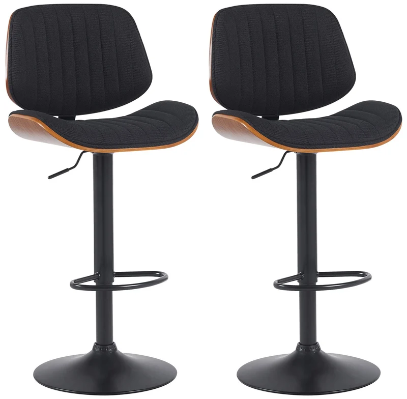 Lot de 2 tabourets de bar style rétro moderne assise en tissu noir bois noyer et cadre métal noir 10_0006701