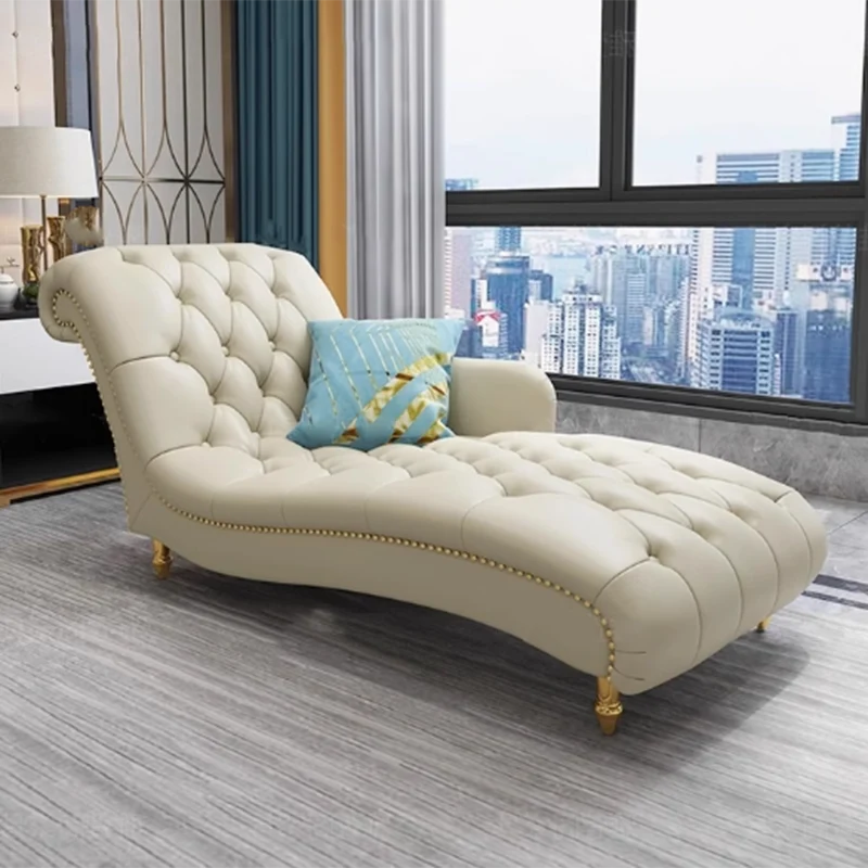 Contemporary Luxury Rectangular Faux Nappa Leather Solid Wood Stainless Steel Accent Chair Chaise Lounge Backrest Armrest For Living Room