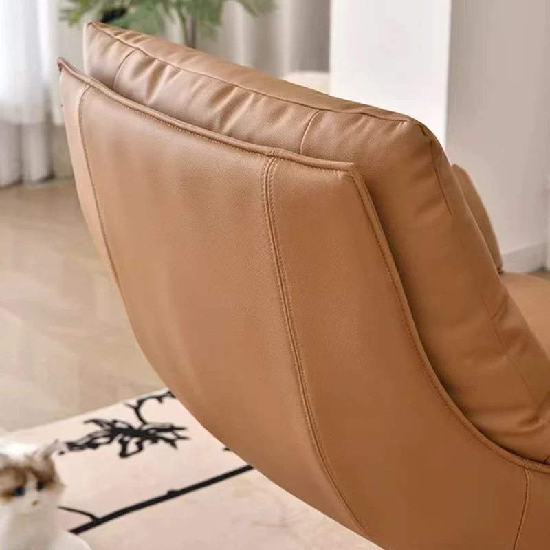 Modern Minimalist Curved Faux Leather Iron Sponge Swivel Accent Chair Backrest Armrest For Living Room