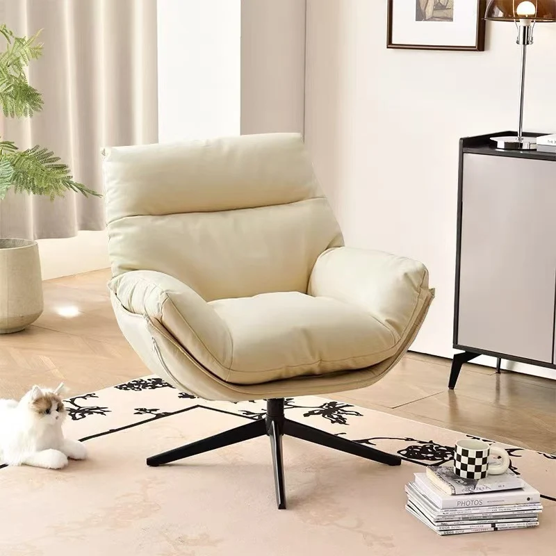 Modern Minimalist Curved Faux Leather Iron Sponge Swivel Accent Chair Backrest Armrest For Living Room