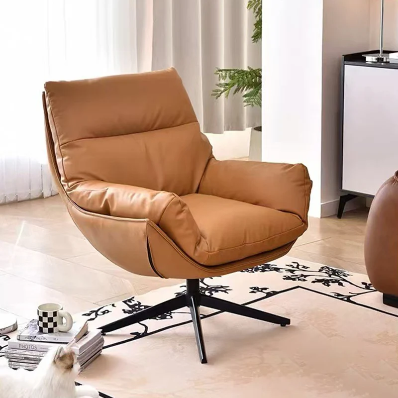Modern Minimalist Curved Faux Leather Iron Sponge Swivel Accent Chair Backrest Armrest For Living Room