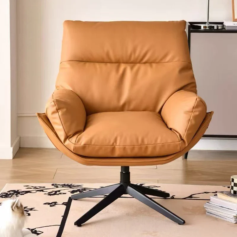 Modern Minimalist Curved Faux Leather Iron Sponge Swivel Accent Chair Backrest Armrest For Living Room