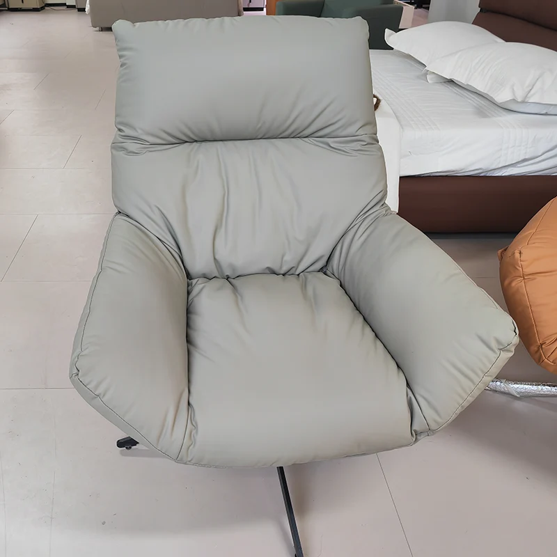 Modern Minimalist Curved Faux Leather Iron Sponge Swivel Accent Chair Backrest Armrest For Living Room