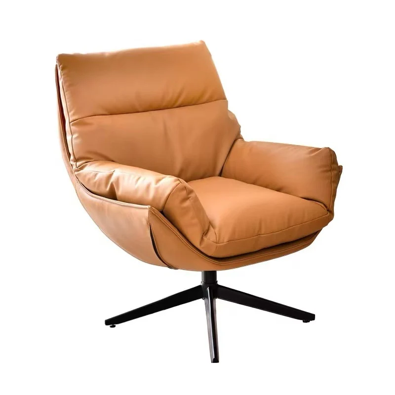 Modern Minimalist Curved Faux Leather Iron Sponge Swivel Accent Chair Backrest Armrest For Living Room