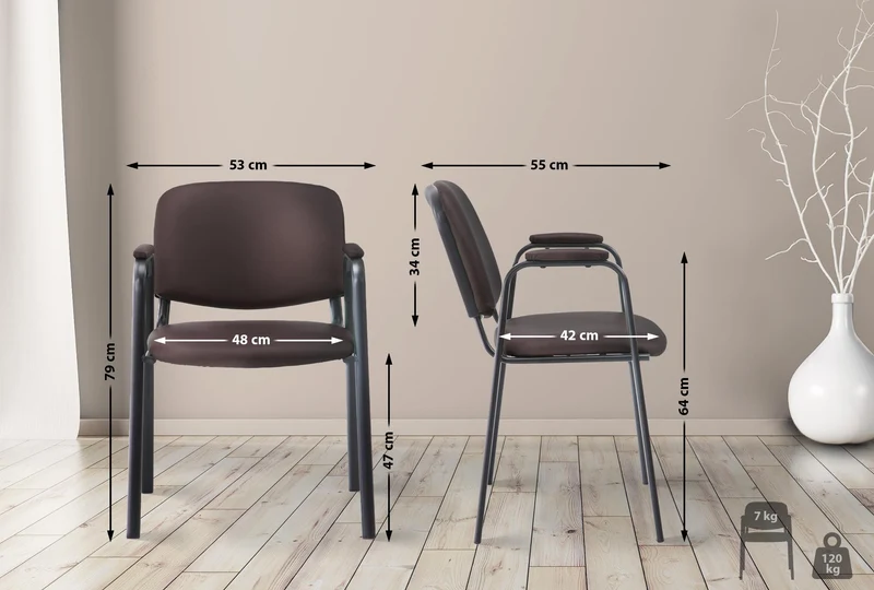 Chaise visiteur avec accoudoirs intégrés zone d'attente en PVC marron piètement à 4 pieds en métal noir 10_0003379