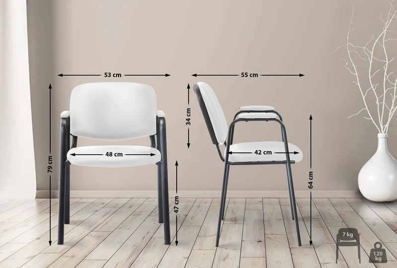 Chaise visiteur avec accoudoirs intégrés zone d'attente en PVC blanc piètement à 4 pieds en métal noir 10_0003376