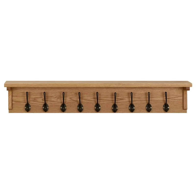 Porte-manteau mural 90x16x16 cm avec 9 crochets en bois de chêne massif DEC024239