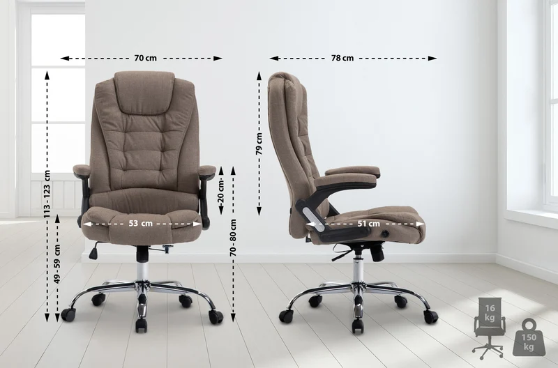 Fauteuil de bureau XXL sur roulettes confortablement rembourrés avec accoudoirs en tissu taupe et métal chromé 10_0002668