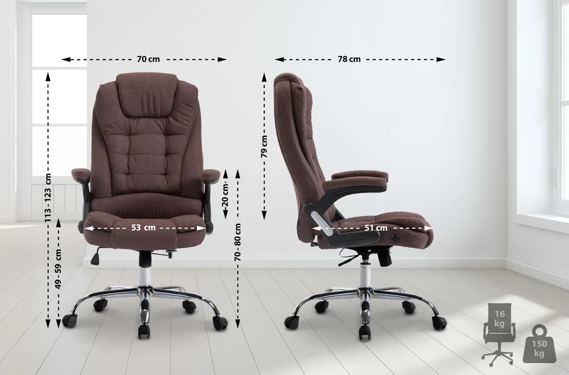 Fauteuil de bureau XXL sur roulettes confortablement rembourrés avec accoudoirs en tissu marron et métal chromé 10_0002662