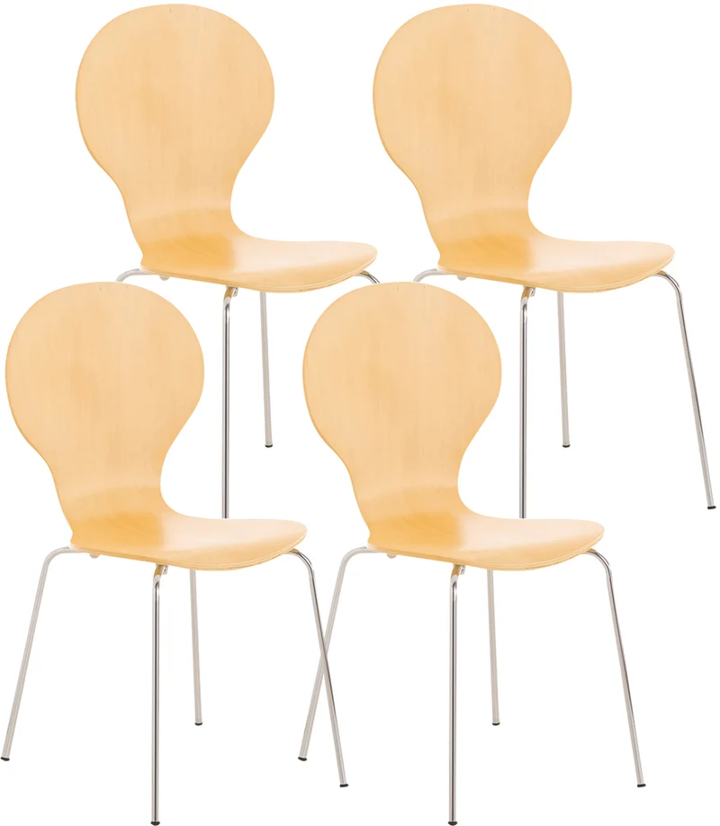 Lot de 4 chaises de cuisine salle à manger empilables dossier arrondi en bois clair et métal chromé 10_0003177