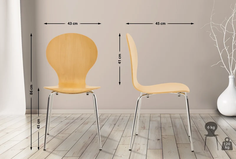 Lot de 2 chaises de cuisine salle à manger empilables dossier arrondi en bois clair et métal chromé 10_0003087