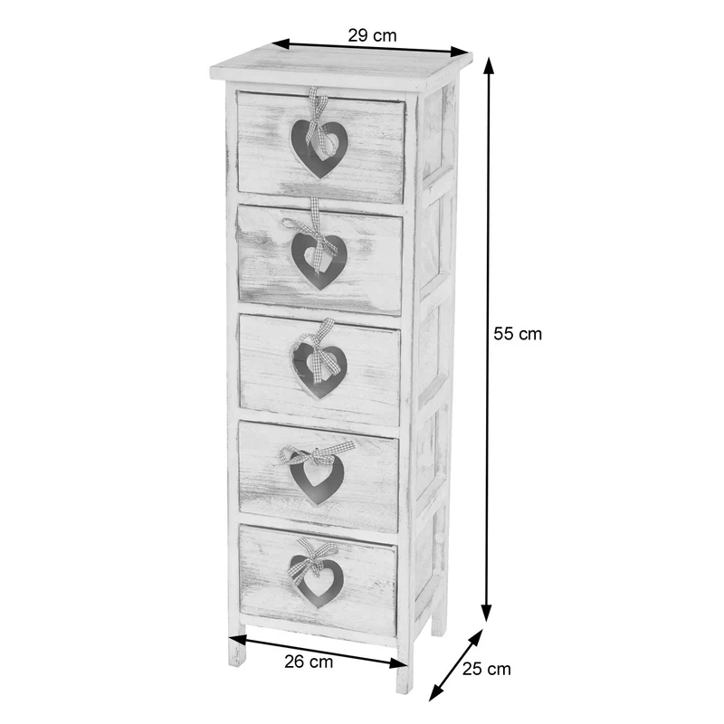 Commode petit meuble de rangement 5 tiroirs avec motif coeurs 86x29x25cm en bois de paulownia style vintage blanc 04_0002478