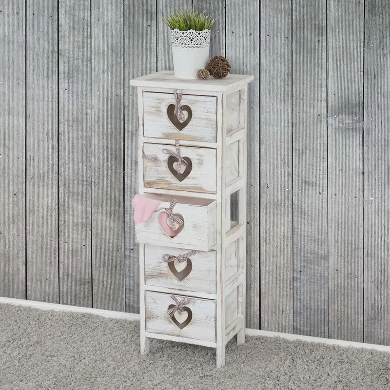 Commode petit meuble de rangement 5 tiroirs avec motif coeurs 86x29x25cm en bois de paulownia style vintage blanc 04_0002478
