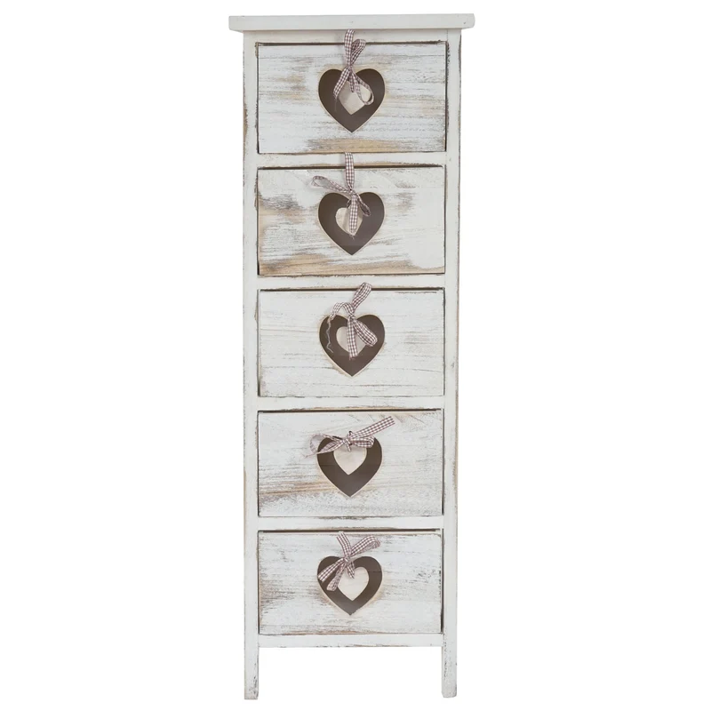 Commode petit meuble de rangement 5 tiroirs avec motif coeurs 86x29x25cm en bois de paulownia style vintage blanc 04_0002478